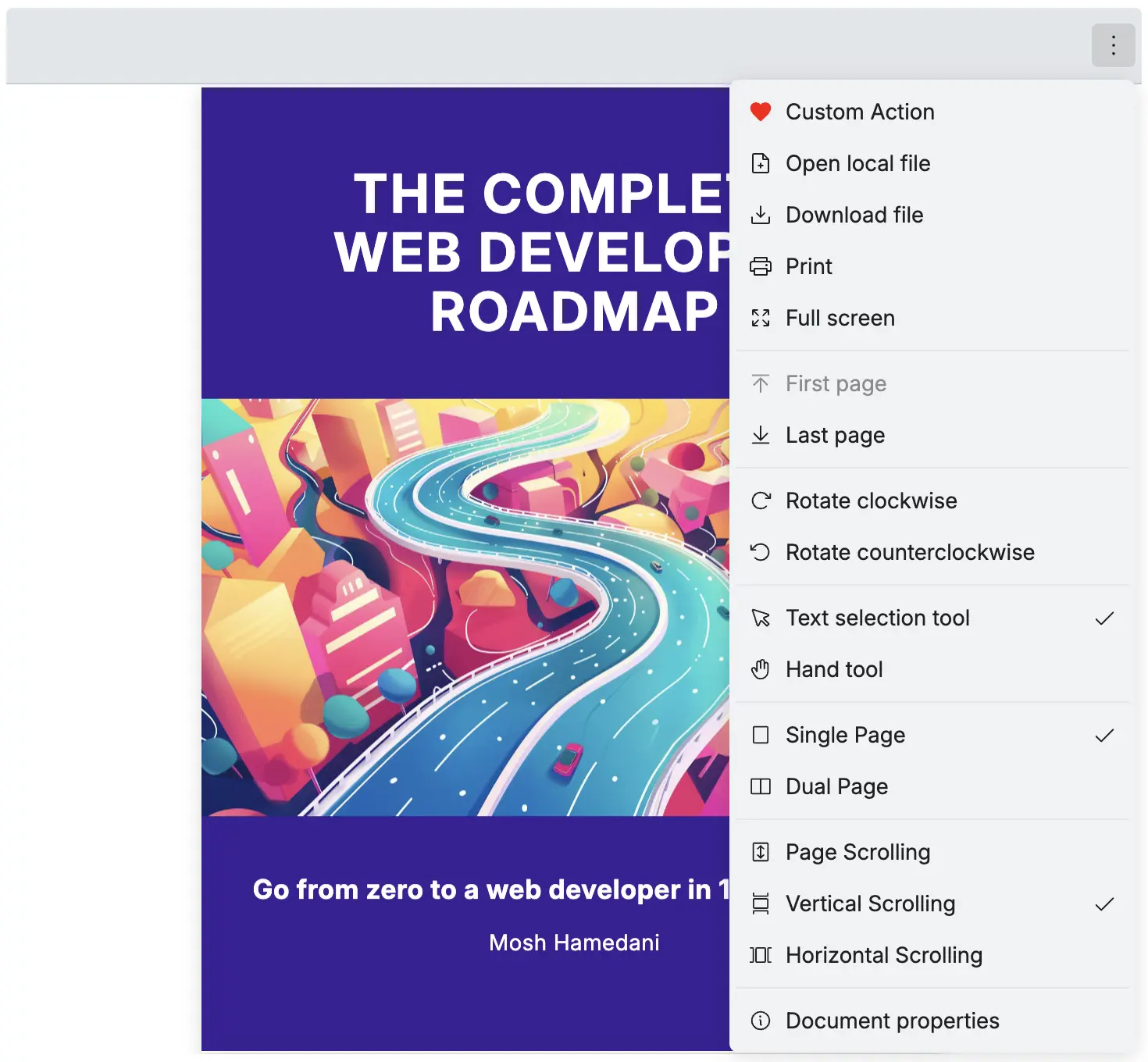 An image of how React PDF displays with more options dropdown with a custom menu item