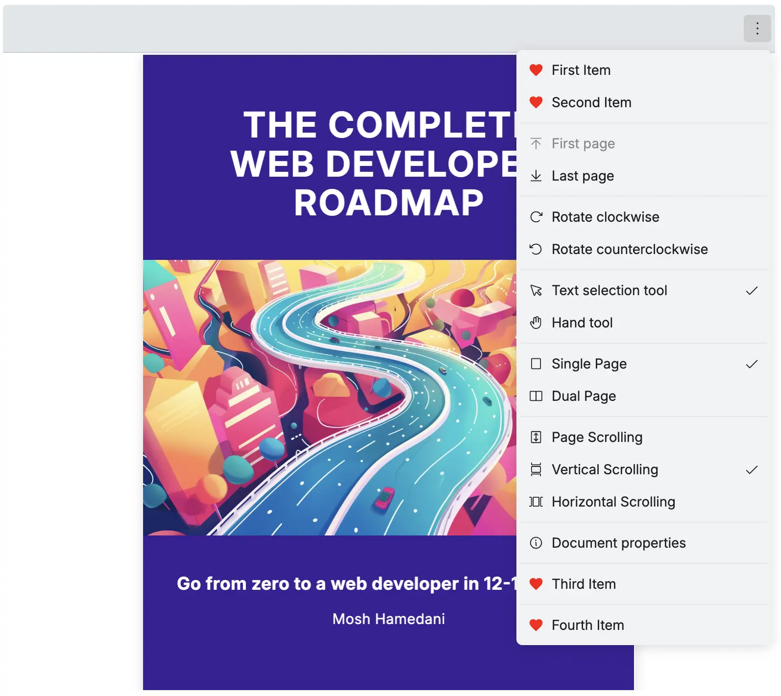 An image of how React PDF displays with more options dropdown with menu separators