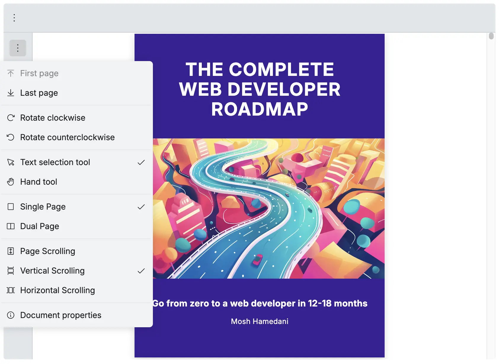 An image of how React PDF displays with more options dropdown with a custom toolbar to topbar and leftSidebar