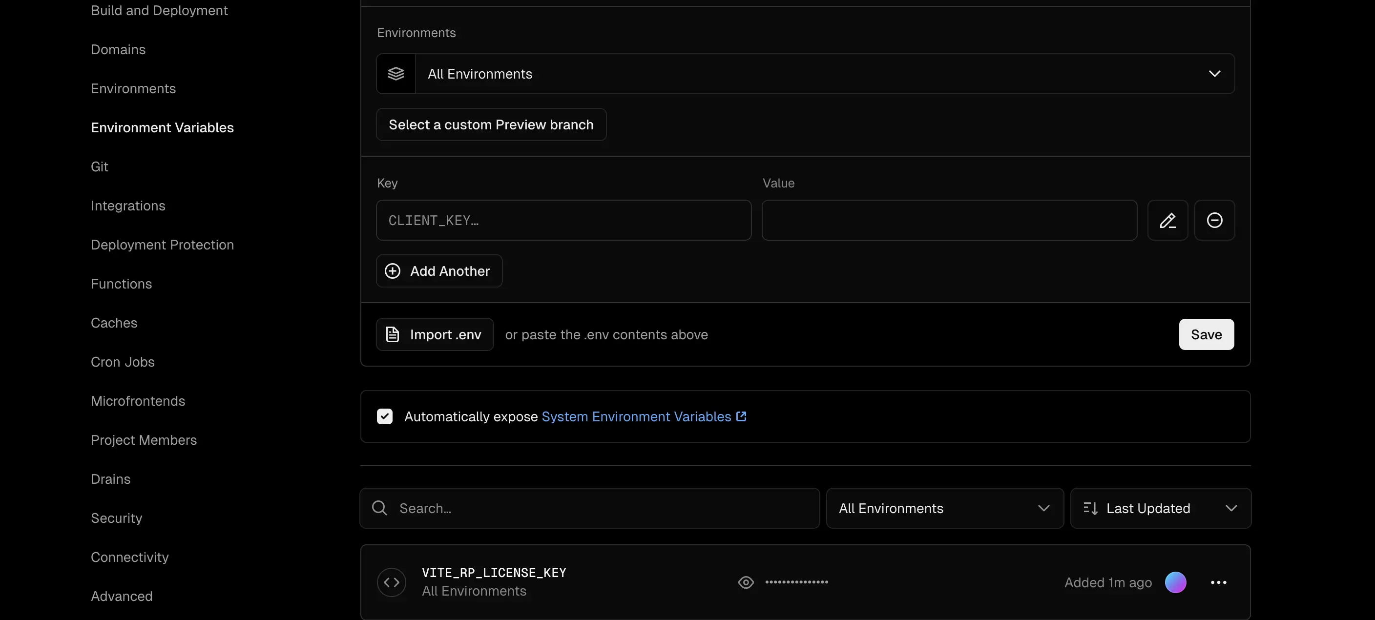 An images of vercel panel